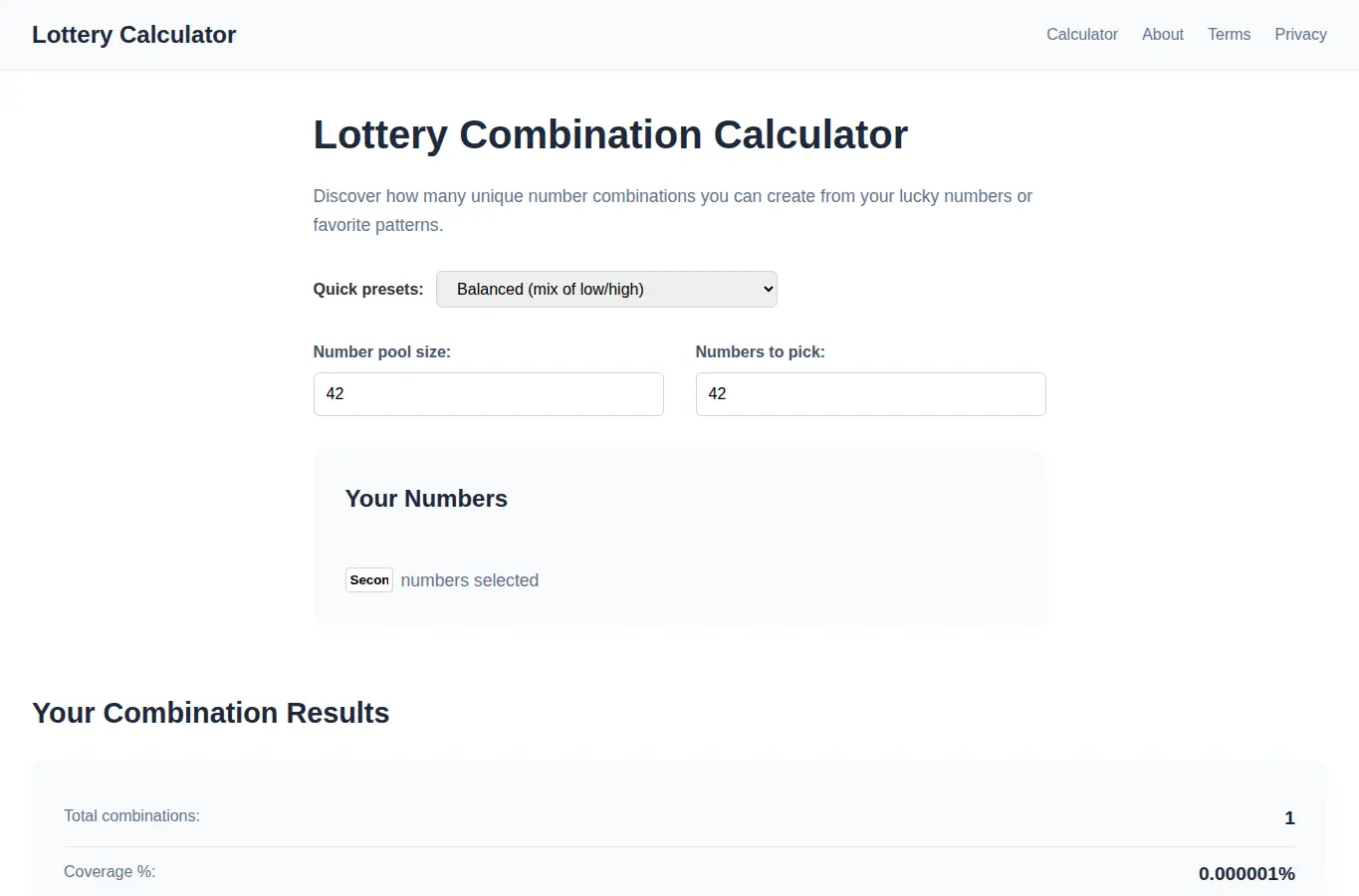 Screenshot of Lottery Combination Calculator interface showing the project page in use
